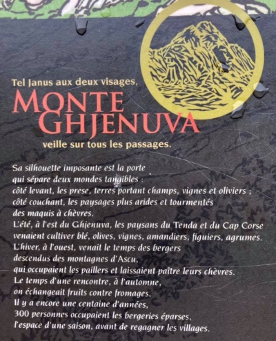 Cume Ghjanu cun duie facce, MONTE GHJENUVA feghja è cura tutti quelli chì passanu...  A so statura maestosa hè a porta  chì spicca dui mondi tangibili:  latu levante, e prese, terre cù i chjosi, vigne ed aliveti;  latu punente, paisaghji più secchi è straziati, di machje caprune.  D’istatina, à l’este di U Ghjenuva, i paisani di U Tenda è Capicorsu ghjunghjianu à cultivà e biade, l’alive, l’amanduli, i fichi è l’agrumi.  D’invernu, à l’ueste venia u tempu di i pastori falati da e muntagne di L’Ascu, chì occupavanu i pagliaghji è facianu pasce e so capre.  A stonda di un scontru, ghjuntu u vaghjime, si barattava frutta in scambiu di casgi.  Una centina d’anni fà, trecentu persone stavanu in i stazzi spapersi, durante una stagione, prima di vultà si ne in i paesi